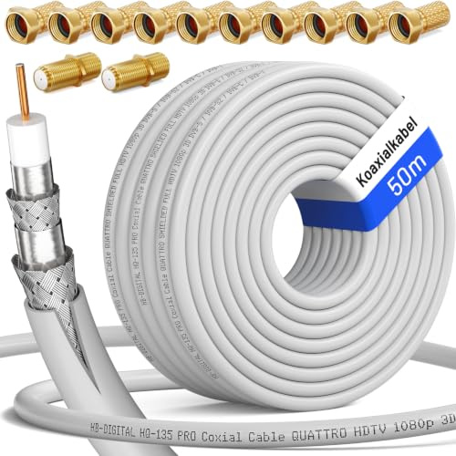 HB-DIGITAL 50m SAT Koaxialkabel 135dB 4-fach geschirmt 8K 4K UHD inkl. 10x F-Stecker + 2x F-Verbinder – Antennenkabel für DVB-S2 DVB-C2 DVB-T2 TV SAT – CCS Innenleiter – Weiß