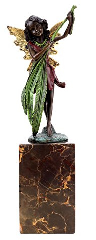 Kunst & Ambiente - Elfen Figur aus Bronze - Elfe mit Farnblatt - Jugendstil - signiert Milo - Bronze Elfe auf Marmorsockel - Deko Figuren online kaufen