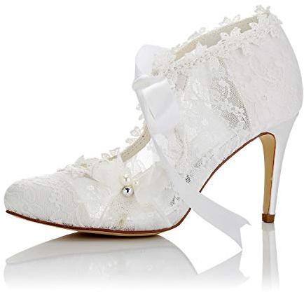 JIAJIA Scarpe da Sposa da Donna 16798 Punta Chiusa Tacco Alto Raso di Pizzo Pompe Perla Bowknot Cravatta a Nastro Scarpe da Sposa Colore Avorio, Taglia 35 EU