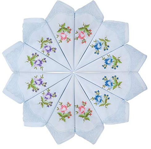 HOULIFE Damen Taschentücher aus Baumwolle Weich Blumen Stickereien Stofftaschentücher mit Spitzen 6/12 Stücke 29x29cm