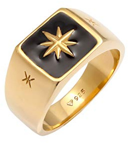 Kuzzoi Siegelring Herrenring massiv 11 mm 925 Silber vergoldet | goldene Oberfläche mit Emaille schwarz und Stern Design Gold-Ring für Männer in der Ringgröße 54 66
