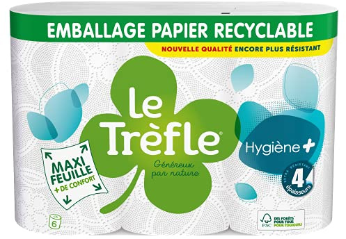 Le Trèfle Hygiène Plus - Papier toilette, 6 Rouleaux, 4 épaisseurs, Confort Ultime, Douceur remarquable, Maxi Feuilles, Blanc