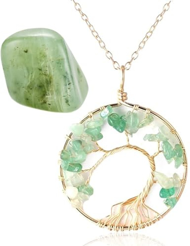 HALUKAKAH Femme Cristaux Pierres Collier Laiton Plaqué Or Fil de fer Naturel Jade Fait à la Main Arbre de Vie Enroulé Pendentif 5cm Chaîne 50cm