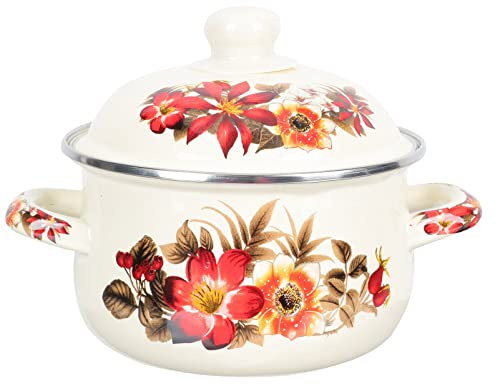 HEMOTON 1PC Enamel Stew Pot Kitchen Stockpot Enamel Cooking Pot Thickened Stock Pot Vintage Enamel Stock Pot with Red Flower Enamelware Large Serving Pot Soup Basin, 21x13.5cm