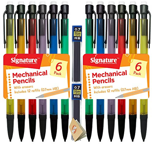 SOL 12pk Mechanical Pencils with Built-In Eraser - 0.7mm HB Lead Propelling Pencils, Includes 24 Refill Leads for Extended Writing, Durable and Comfortable, Ideal for Precise Writing and Drawing