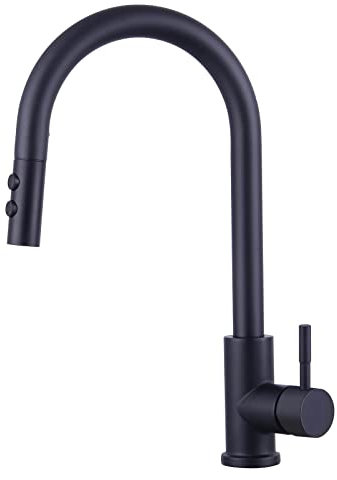 Wasserhahn Küche Schwarz, Hochdruck Küchenarmatur Ausziehbar 360° Schwenkbar, Einhebel Spültischarmatur mit Brause 2 Modi, Hoher Bogen Mischbatterie Küche, Armatur Küche Ausziehbar Edelstahl