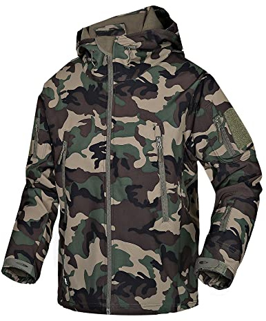 Wuzfully Uomo Giacca Softshell Militari Tattico Impermeabile Cappotto Invernale con Cappuccio Tasche Multifunzionali con Cerniera Camouflage Taglia XXL