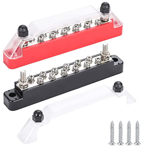 Greluma 12V Stromverteilungs Block mit 2 x 1/4 (M6) Anschlussbolzen und 12 x M4 (#8) Anschlussschrauben, Stromschienen-Anschlussblock, positiv und negativ Stromschiene für Kfz-Autoboote
