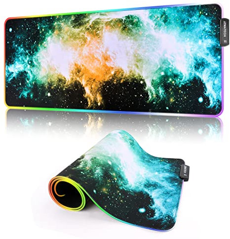 Alfombrilla de Ratón RGB, XXL Mousepad Alfombra Gaming 800x300mm Tapete de Juego Extra Grande, 14 Modos Iluminación, 7 Colores LED para Jugadores PC, Entrada USB Adicional (Galaxia Verde)