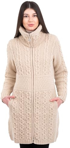 SAOL Cardigan irlandese da donna con tasche in 100% lana merino Ireland cappotto lungo, Pastinaca, Small