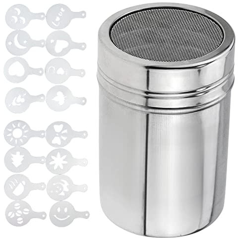 1 salero de azúcar para harina, 16 moldes para arte de café con leche, esparcidor de acero inoxidable, tamiz para coctelera de café en polvo, botella de condimento de malla fina, apto para pan, postre