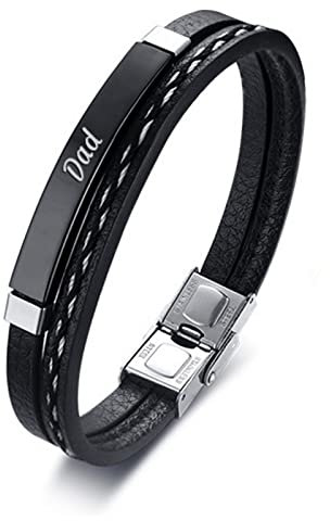 Bishilin Partnerarmbänder Leder mit Gravur, Armband Männer Personalisiert Schild Dad Herren Armband 21CM Charms Schwarz