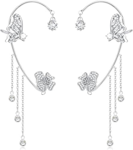 BSLVWG 2 Stück Schmetterling Ohrringe, Silber Ohr Manschette Ohne Piercing, Clip Wrap Mit Blumen Quaste für Frauen Mädchen