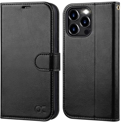 OCASE Kompatibel für iPhone 15 Pro Max Hülle Handyhülle [Premium PU Leder] [Kartenfach] [Standfunktion] RFID Schutzhülle Klapphülle Handytasche Lederhülle Schwarz | Kartenhalter, Ständer, stoßfeste TPU-Schale, Magnetverschluss, schützende Klapphülle, Schwarz