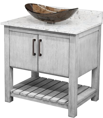 Miseno MV-30SG-NOBV-6001-324T 30 Free Standing Single Basin Vanity Set with Cabinet, Oval Glass Vessel Sink and Quartz Vanity Top - Stonewash Grey/Cafe Mocha Top/Oil Rubbed Bronze Hardware