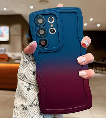 UEEBAI Case for Samsung Galaxy S23 Ultra 5G Wave Frame Phone Case, Cute Slicone Slim Fit Shockproof Phone Bumper Cover Soft Pretty Curly Wavy Case Anti-Scratch TPU Case - Blue Red