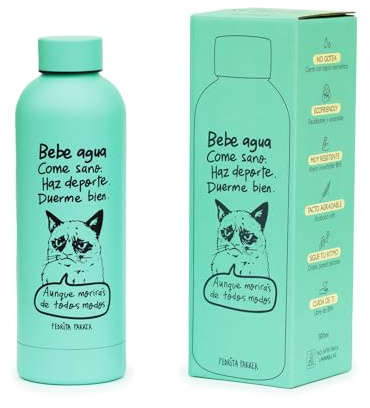 Botella agua acero inoxidable, sin BPA, reutilizable, Botella termo Doble Aislamiento, 500ml, Diseño Bebe agua come sano Haz deporte Duerme bien