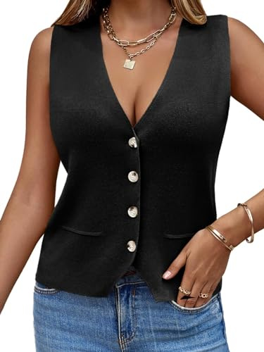 Saodimallsu - Gilet da donna senza maniche, in maglia, con scollo a V, con bottoni, alla moda, casual, ampio, per primavera ed estate, Nero , S
