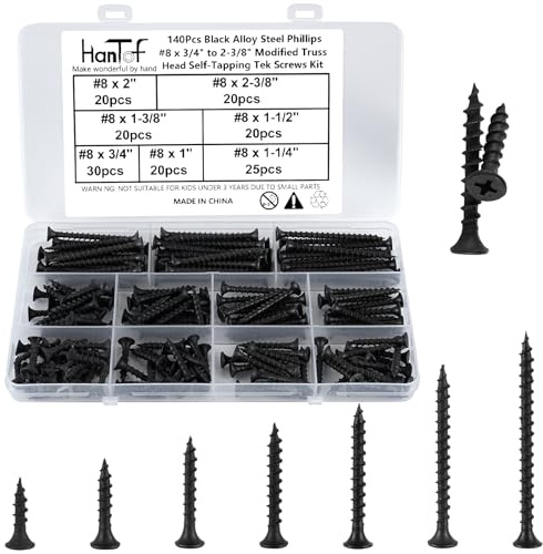 HanTof 155 Pcs Black High Hardness Drywall Screws Assortment Kit, 8# x 3/4 to 2-3/8 inch Phillips Drive Countersunk Head Self-Tapping Wood Screws, Coarse Thread Sharp Point Carbon Steel Screws 7 Sizes