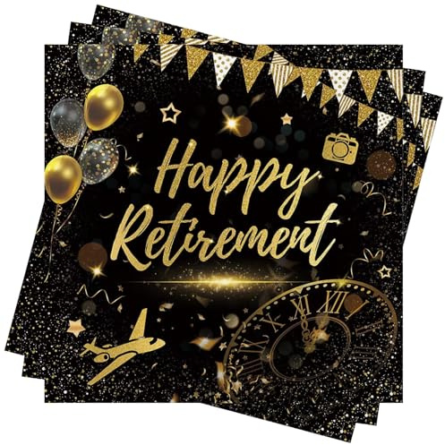 Wentsent Lot de 40 serviettes en papier jetables « Happy Retirement » - Noir et doré - Pour homme et femme - Décorations de fête d'adieu
