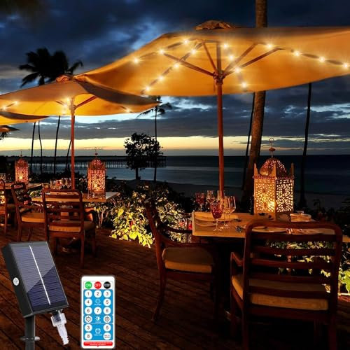 Solar Sonnenschirm Lichterkette Außen,KINGCOO Wasserdichte 104LED Solar Regenschirm Hängende Beleuchtung Dekoleuchte Lichter Lichtbänder mit Fernbedienung für Campingzelte Garten Party (Warmweiß)
