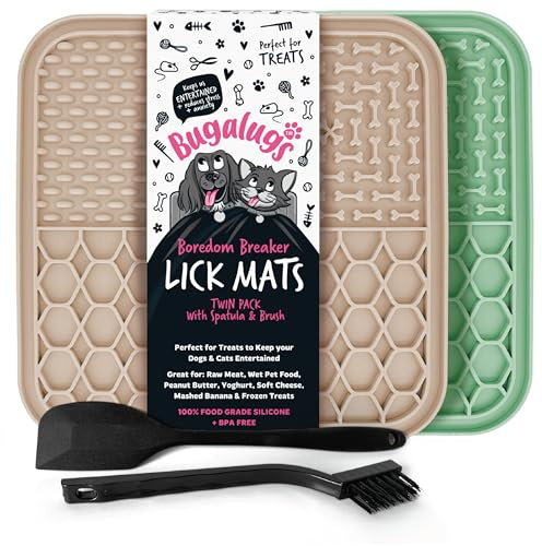 Bugalugs Licky Mats For Dogs, 100% Food Grade Lick Mats For Dogs & Cat Food Mat BPA Free Dog Mat, Feeding & Licking Lick Mat, Reduce Stress & Anxiety, 2x Pet Food Mat, Spatula & Brush (Green & Beige)