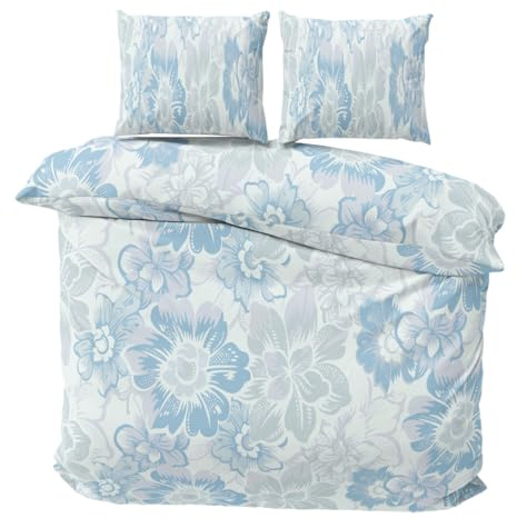 Visaggio Biber Bettwäsche 200x200 cm flauschig Feinbiber Bettbezug Winterbettwäsche 2X Kissenbezug 80x80 cm geblümt Blau Beige 3teilig