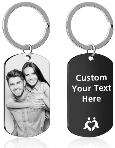 Porte-Clés Personnalisé avec Photo et Texte, Double Face Porte Clef Personnalisable Cadeau pour Femme et Homme sur Fête des mères, fête des pères, anniversaire, Noël, Saint Valentin (Noir)