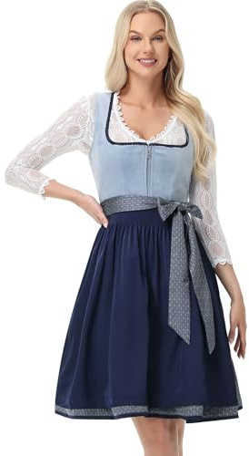 TrendiMax Abito tradizionale Dirndl da donna, elegante, in velluto, per Oktoberfest, con grembiule Dirndl, 34-46, Azzurro, 44