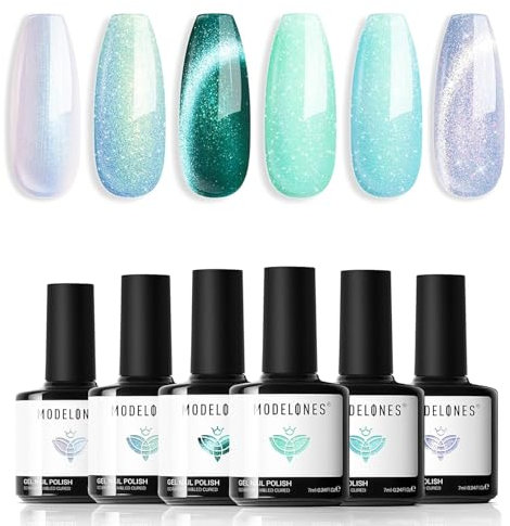 Modelones Gel Nail Polish Set, 6 Colors Green Cat Eye Gel Polish White Glitter Light Mint Green Nail Polish Set Jade Mermaid Pastel Shimmer Nail Varnish Kit Soak Off Nail Art Manicure DIY Salon