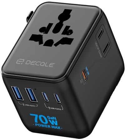 decqle Adaptador Enchufe Universal, Adaptador de Viaje con 3 USB-C(GAN 70W), 2 USB-A y 2 AC, Adaptador Universal para EU, Reino Unido, Americano, Canadá, Australia& 224+País(Negro)