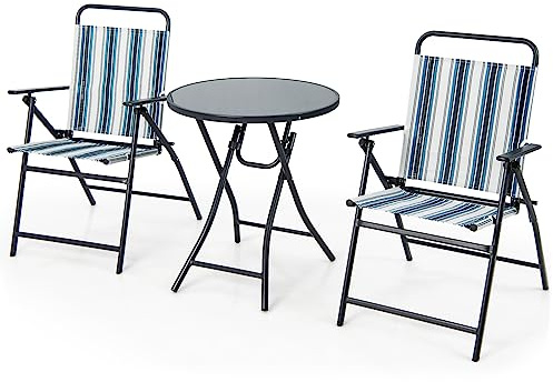 KOMFOTTEU 3-teiliges klappbares Balkonset, Bistrotisch mit 2 Stühlen, Teslin Sitzgruppe mit rundem Tisch & Klappstühle, Gartenmöbel-Set für Balkon Hof