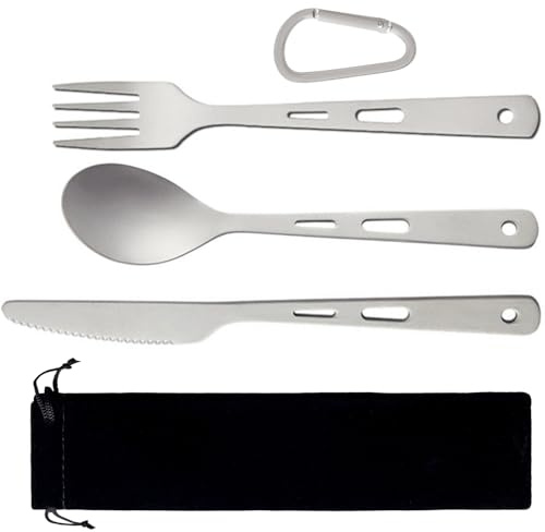XYFuuee Titanium Camping Utensils Set of 3 Ultralight Titan Spoon Fork Knife, Outdoor Hiking Trekking Travel Cutlery Besteck with Carry Bag
