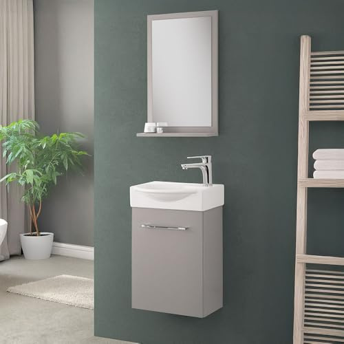 Mobiletto Bagno Sospeso Mini Salvaspazio Da 39 Cm In Legno Nobilitato Grigio Linea Elys Con 1 Anta Dalla Chiusura Soft-Close, Completo Di Specchio Con Mensola E Lavabo