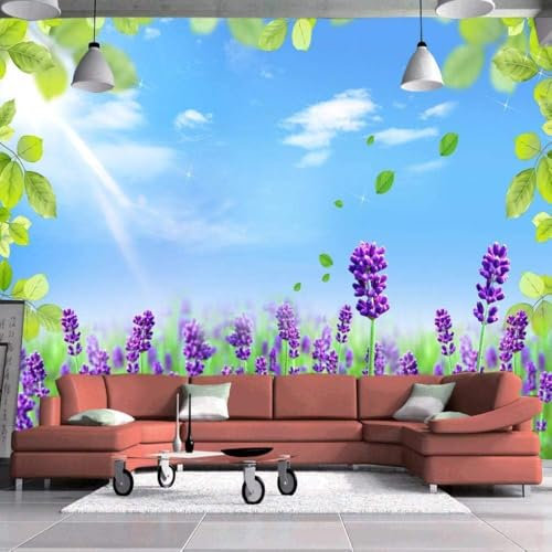 Ciel Bleu Nuages Blancs Feuilles Vertes Violet Lavande Papier Peint 3D Intissé Tapisserie Bureau Salon Canapé Chambre Fond Décoration Murale-430cm×300cm