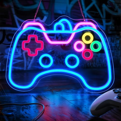 Lxmoneon Game Enseigne au néon de manette de jeu Enseignes de jeu au néon à LED à intensité variable lumineux USB néon gamer applique murale pour chambre d'enfant salle de jeux caverne d'homme cadeau