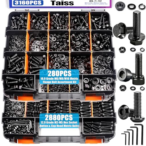 Taiss 3160PCS Metric Flange Bolt Assortment Kit,Nuts and Bolts Assortment Kit M2 M3 M4 M5 M6x1.0 M8x1.25 M10x1.5 Bolt(4-45mm) 42 Sizes Hex Socket Button & Cap Head Metric Screw 10.9 Black Zinc Plated