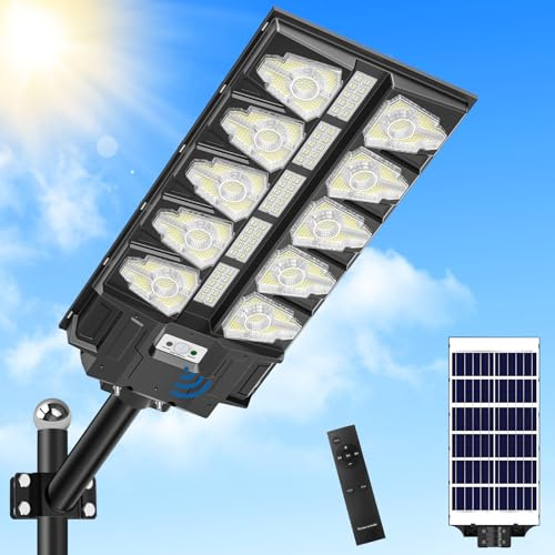 Hondony Lampada da terra solare 2000 W - Lampada da parete 6500 K con telecomando, proiettore LED esterno con sensore di movimento per parcheggio giardino dal tramonto all'alba