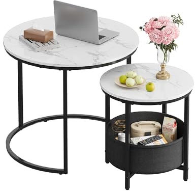 WLIVE Couchtisch 2er Set, Beistelltisch Rund mit Stauraum, Wohnzimmertisch Holz mit Metallrahmen, Sofatisch für Wohnzimmer Schlafzimmer (Marmor Weiß, 60 cm und 40 cm Durchmesser)