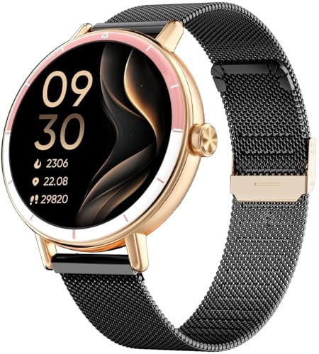 TOOBUR Smartwatch Damen, 40mm Schrittzähler Uhr Rund, Schwarz-Gold | Fitness Sport Uhr mit Zwei Armbändern, Kompatibel mit Android und iOS, Anrufe Annehmen & Tätigen, IP68 Wasserdicht
