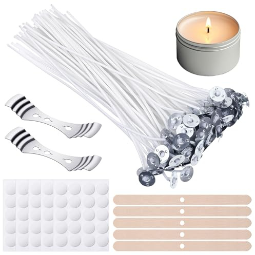 100 Pcs Cotton Candle Wicks, Braid Candle Wick, Pre Beeswax Braided Candles Wicks with 5 Wooden Stands + 2 Metal Stands + 5 White Wick Stickers for Candles Making