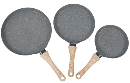 PODSJD Padelle Pietra Masterchef 3 Pezzi Set Antiaderente Maifan 18/22 / 26 cm - Manico in Legno, Adatto a Tutti i Piani Cottura, Facili da Pulire e Resistenti - Perfette per Colazi