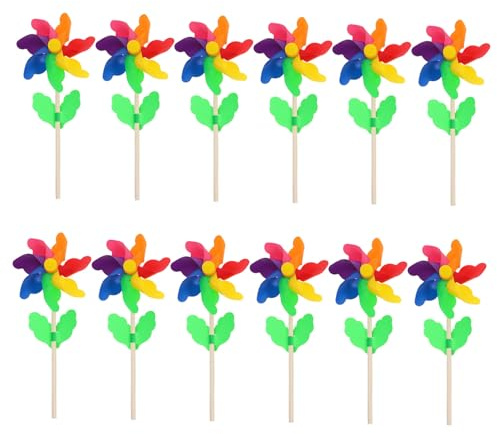 CIYODO Moulins à Vent pour Garçon Et Filles Jouets Colorés pour Jardin Et Cour, Lot de 12 Pièces 12 Cm Tige en Bois, Légers Et Décoratifs, pour Extérieur
