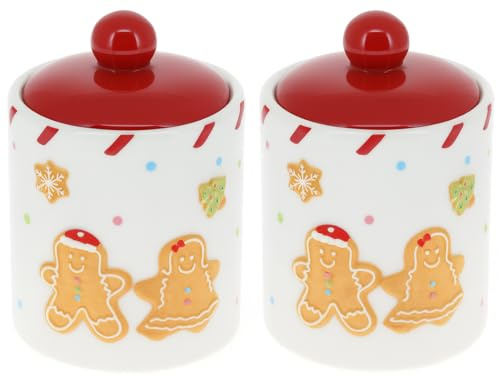 Set of 2 Ceramic Storage Jars with Festive Lids – Christmas Design Cookie, Sweet and Biscuit Jars – Holiday Kitchen Containers with Gingerbread and Candy Cane Details – Ideal Xmas Gift or Decoration
