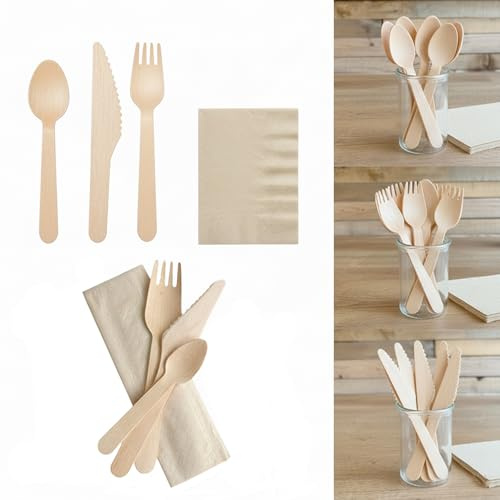 Kit Couverts Bois 4 en 1 avec Serviette 33x33 - Pack de 120-40 Fourchettes, 40 Couteaux, 40 Cuillères 40 Serviettes - Idéal Pique-nique, Mariage, Fête, Événement