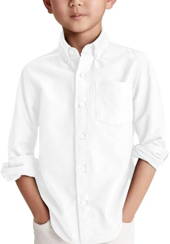 Haloumoning Camicia a maniche lunghe, in cotone, casual, per bambini, tinta unita, con tasca sul petto, bianco, 10-12 anni