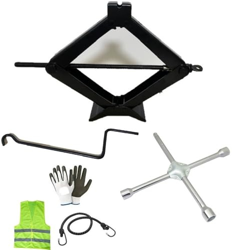 Gato de pantógrafo de 2 toneladas + llave de cruz compatible con Aston Martini DB9 Cabrio juego emergencia carretera para coche gato con llave giratoria homologada + llave de cruz para pernos