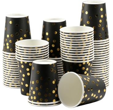 Cents matter 75 stycken partypappersmuggar, pappersmuggar, 250 ml kaffemuggar, partymuggar, återanvändbara drickmuggar med prickar, för bröllop, jul, födelsedag (svart guld)
