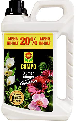 COMPO Blumendünger mit Guano für alle Zimmerpflanzen, Balkonpflanzen und Terrassenpflanzen, Spezial-Flüssigdünger, 3 Liter