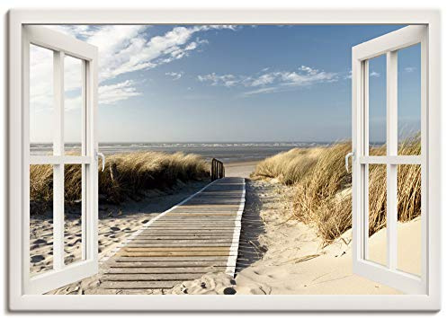 ARTLAND Wanddeko Leinwand Bilder Wandbild 130x90 cm Fensterblick Fenster Strand Meer Maritim Düne Leuchtturm Nordsee Langeoog T5RQ